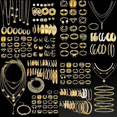 17KM 68 piezas/58 piezas/54 piezas/35 piezas Elegante conjunto de joyas de estrella, corazón, mariposa, flor, perla falsa, lazo con aretes, anillos, collares, pulseras, tobillos, adecuado para uso diario de mujeres, decoración, citas, reuniones, fiestas, Día de San Valentín, regalos