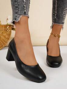 Women's Elegant Simple Round Toe Pumps, Black/Khaki/Beige, Comfortable Chunky Heels For Office, Commute, Party, Suitable For Spring & Autumn, Size 36-43 - Black - View 5