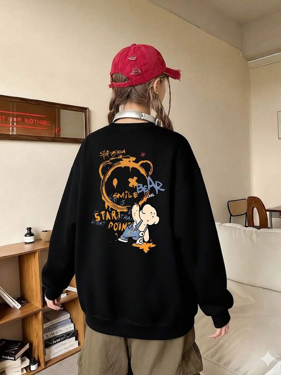 Women's Casual Loose Fit Cotton Sweatshirt With Letter & Bear Graphic Print, Versatile For Autumn/Winter - Black - View 1
