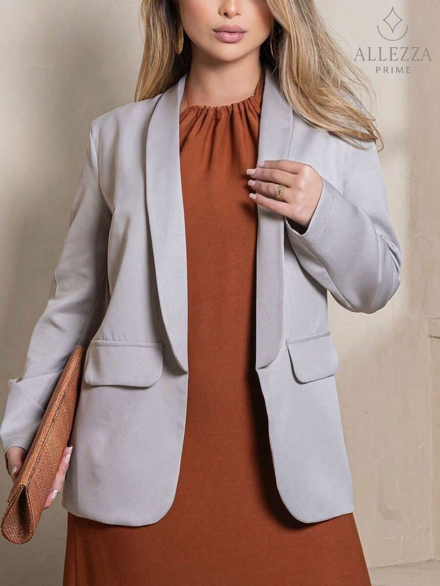 Max Blazer Tailored Luxury Casual Basic Social Sport Elegant Slim Fit Fitted New Release Simple Fabric Faux Pockets Blazer Evening Holiday Wedding Office Daily Birthday Party Formal And Evening Travel Stage And Concert Airport Wear All - 淺灰色 - 查看 1