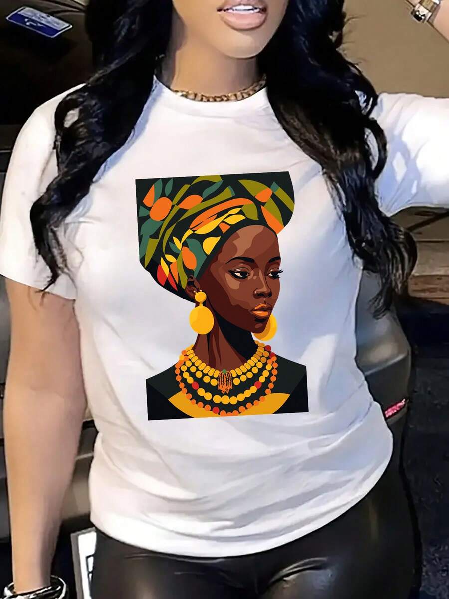 Women'S African Woman Print T-Shirt - Vibrant Afrocentric Design With Traditional Attire Illustration, Casual Short Sleeve Crew Neck Top, Breathable & Comfortable Polyester, Perfect Gift For Her, Cultural Wear | Vibrant Print Tee | Comfortable Fi - 白色 - 查看 1