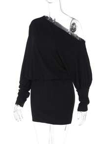 Women Off One Shoulder Dress Slim Solid Color Long Sleeve Mini Dress For Party Club - Black - View 6
