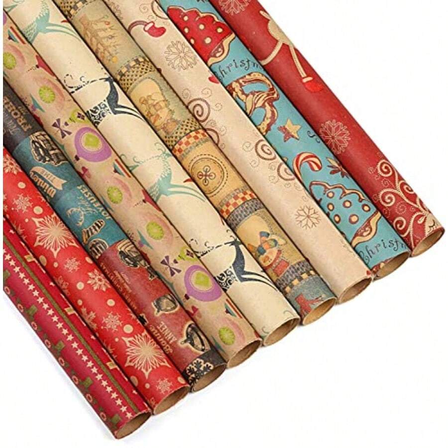 CZ Kesote 27 Hojas de Papel de Envolver de Navidad 70 x 50 CM Papel Kraft para Regalo de Navidad 27 Rollos de 9 Modelos 8764 - Multicolor - Ver 1