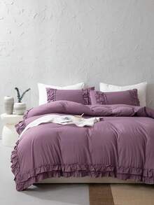 纯紫色乡村风床上用品套装，紫色花卉荷叶边被套套装，提供单人床、双人床、大号双人床、特大号双人床尺寸，波西米亚复古时尚床上用品套装，三件套，超柔软透气轻盈的超细纤维被套，1 个拉链被套，2 个枕套，不含被芯，男女皆宜，非常适合学生使用