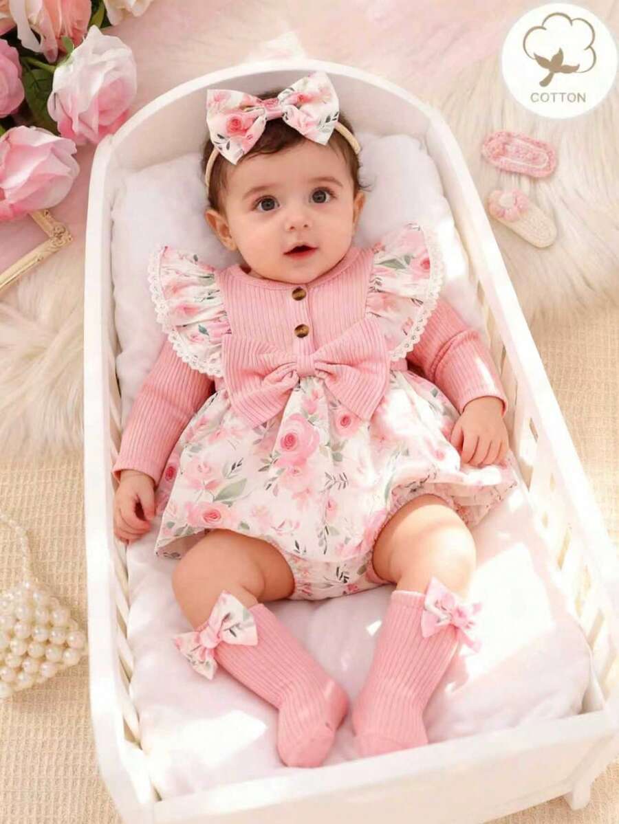 Bộ 3 bộ đồ liền thân và băng đô nơ họa tiết ông già Noel và người bánh gừng màu đỏ dễ thương dành cho bé gái sơ sinh, thích hợp cho dịp Giáng sinh - Hồng - Xem 1