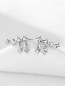 1 Pair 925 Sterling Silver Asymmetrical Round Cubic Zirconia Teardrop Earrings, Minimalist & Elegant Jewelry For Women - Silver - View 1