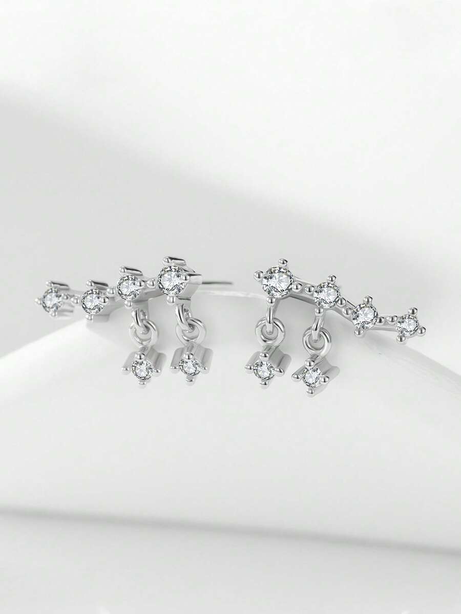 1 Pair 925 Sterling Silver Asymmetrical Round Cubic Zirconia Teardrop Earrings, Minimalist & Elegant Jewelry For Women - Silver - View 1