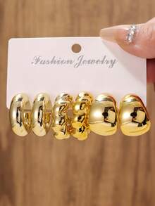 3 pares/9 pares Conjunto de pendientes de aro grueso dorado minimalista y de moda, pendientes de aro gruesos hipoalergénicos para mujeres - Dorado - Ver 5