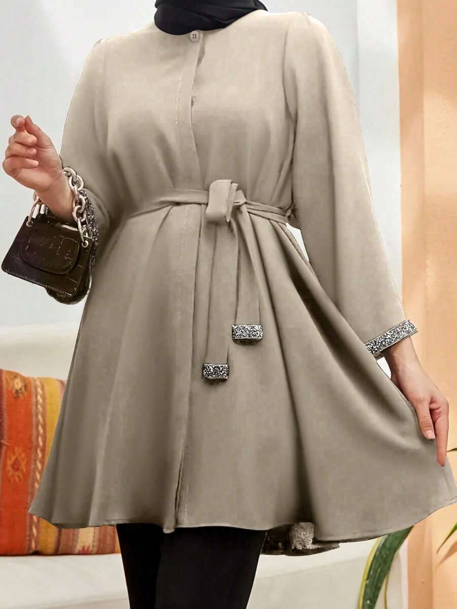 Women's Casual Versatile Knotted Waist Arabic Modest Long Robe Top