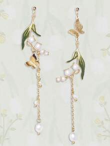 2pcs Fashionable, Sweet, Romantic, Delicate Metal Maxi Butterfly, Lily Of The Valley & Leaf Tassel Earrings, Suitable For Women's Daily, Vacation, Party Wear - Multicolor - View 3