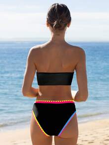 Bộ bikini quây ngực phối màu neon dành cho nữ, thích hợp cho kỳ nghỉ hè và mặc đi biển. - màu đen - Xem 3