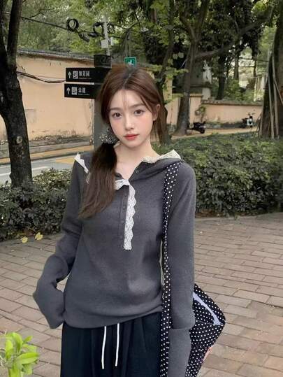 女士蕾丝拼接连帽打底衫，甜美针织套头衫，宽松版型