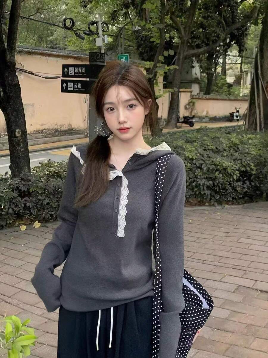 女士蕾丝拼接连帽打底衫，甜美针织套头衫，宽松版型，早春 - 灰色 - 查看 1