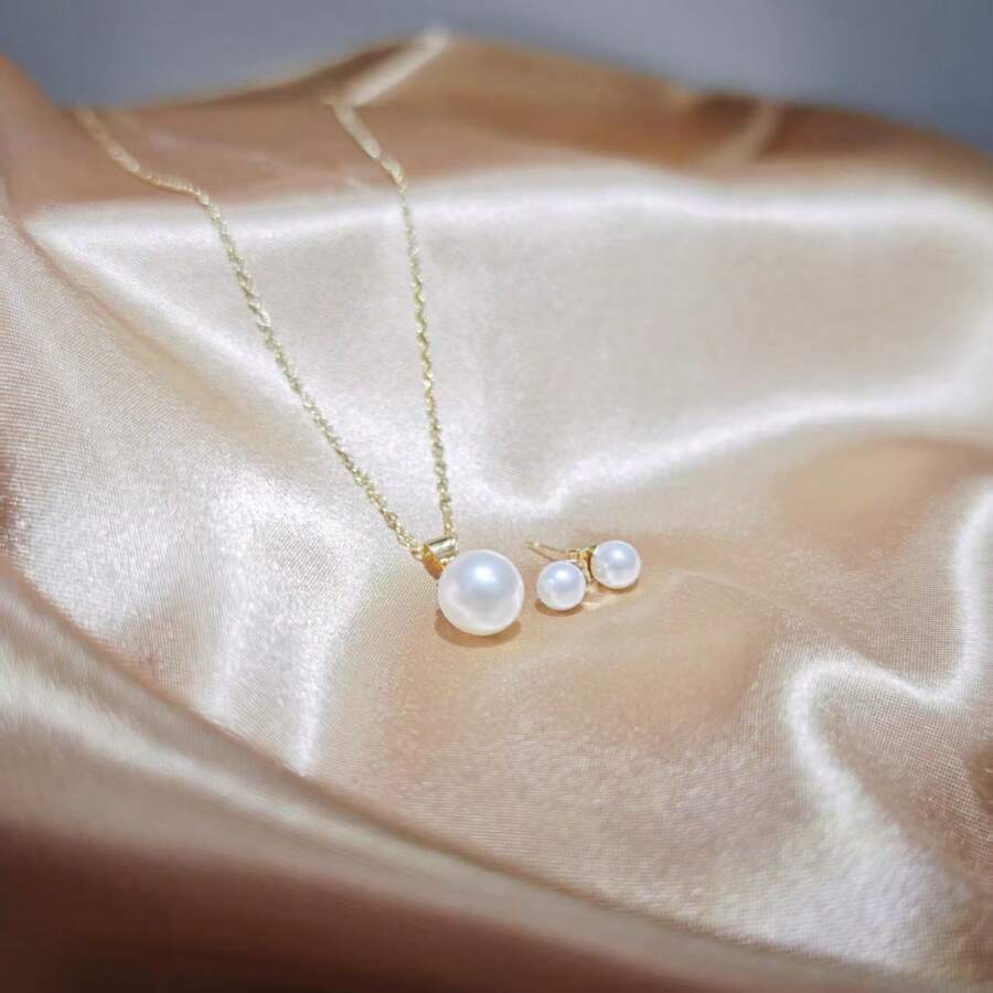 简约奢华圆形珍珠吊坠首饰套装，精致锆石细节项链和耳环，永不过时的时尚配饰，送给妈妈、妻子和周年纪念日的理想之选 - 彩色 - 查看 1