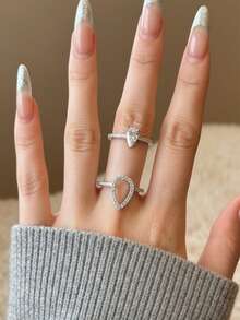 两件套 S925 纯银水滴戒指套装，优雅女士戒指，适合约会、派对、周年纪念等场合，精致女士珠宝礼品