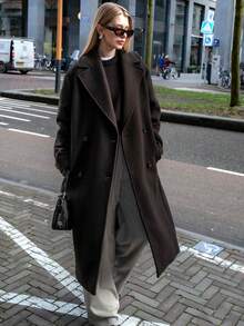 女士长款大衣，棕色秋季大衣，翻领女士冬季外套，时尚优雅，高品质新款外套，长袖大衣，女士中季优雅大衣 - 棕色 - 查看 1