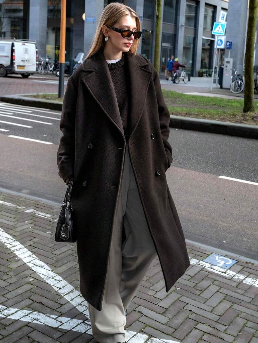 女士长款大衣，棕色秋季大衣，翻领女士冬季外套，时尚优雅，高品质新款外套，长袖大衣，女士中季优雅大衣 - 棕色 - 查看 1