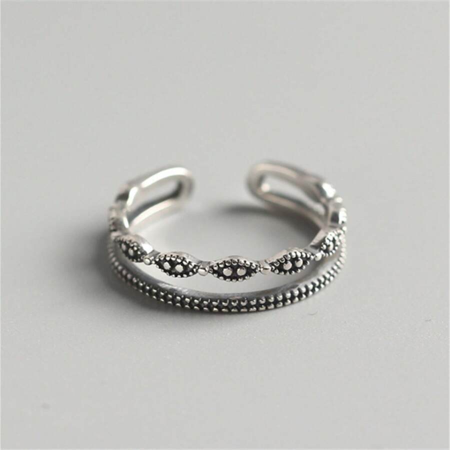 Joyería de mano trenzada de doble capa, joyería vintage de plata tailandesa desgastada, anillo abierto de ondas con lunares - Plata tailandesa vintage envejecida - Ver 1
