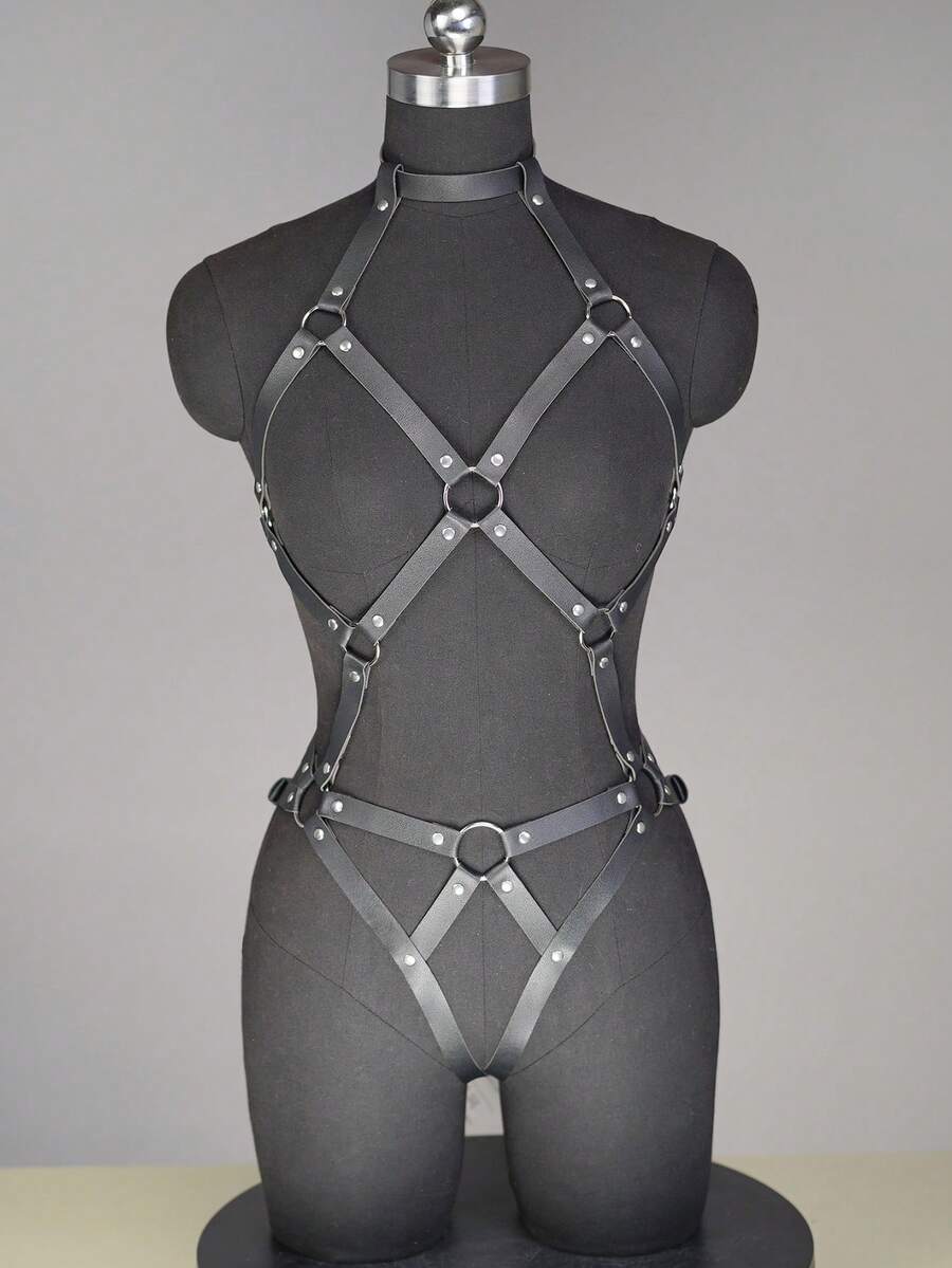 1件装女士性感全身皮革束缚内衣哥特式镂空束缚笼连体衣