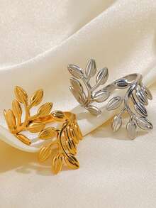 1pc Stainless Steel Minimalist 18K Gold Plated Leaf Open Ring, Suitable For Women's Daily Wear - Multicolor - View 6