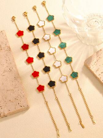 1 adet/4 adet Titanyum Çelik Şanslı Yonca Çiçeği Bileklik, Minimalist Moda Çok Yönlü Lüks Çift Taraflı Sedef Aksesuar