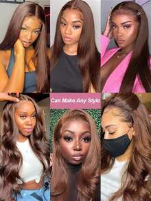 Chocolate Brown Long 8-34 Inch Wig Human Frontal Hair 13x4 HD Lace Front Wigs 200% Density Brazilian Virgin Lace Front Human Frontal Hair Straight Wig Pre Plucked With Baby Hair Blended Hair For Women Daily Party Christmas Use - Brown - View 9