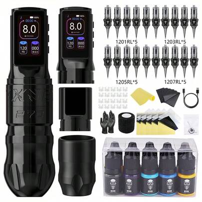 XNET Titan270 Wireless Tattoo Machine Pen Kit, High Torque Brushless Motor, 4.0/5.0mm Stroke, 2400mAh Battery, 20pcs Mixed Tattoo Pen Set