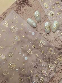 1片5D水钻烫印贝壳美甲贴纸，DIY彩色贝壳星月图案Y2K美甲贴纸，浮雕2D美甲贴纸和贴花美甲工具贴花美甲用品，适用于DIY按压式美甲装饰 - 彩色 - 查看 2