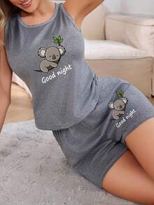 2pcs Women Sloth Pattern Sleeveless Top And Shorts Pajama Set, Letter Print Homewear - Grey - View 4