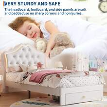 Marco de cama de tamaño individual con luces LED y cabecera de botón de vidrio de terciopelo, cama tapizada con plataforma de princesa/niña con cajón de almacenamiento, sin ruido, no necesita - Beis - Ver 7