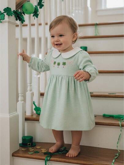 Toddler Little Girl Irish Dress Striped Clover Bow Long Sleeve Doll Collar A-Line Dresses Casual Spring Clothes