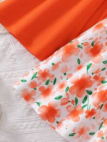 BASUSARRI 2件套女童碎花数码印花休闲无袖露肩夏季连衣裙，百搭度假风 - 橘色 - 查看 9