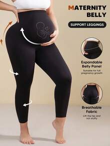 Maternity Solid Color High Elasticity Leggings With Abdominal Support - Black - View 3