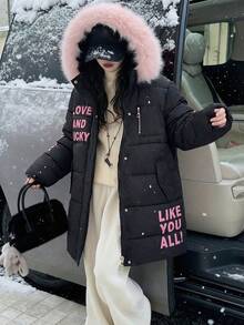 Girls Classic Letter Print Fuzzy Collar Hooded Warm Jacket