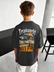 Tween Boys Casual Printed Crew Neck Short Sleeve T-Shirt, Summer Top - Dark Grey - View 8