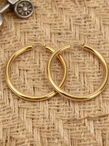 3对女士不锈钢粗环耳环，18K镀金时尚精致粗环耳环，实心管状金耳环套装（3对 - S/M/L） - 金黃色 - 查看 3