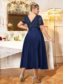 Plus Sequin Floral Lace Scallop Neckline Contrast Satin Elegant Evening Party Dress, Wedding Guest Dress, Prom Dress, S Summer - Navy Blue - View 3