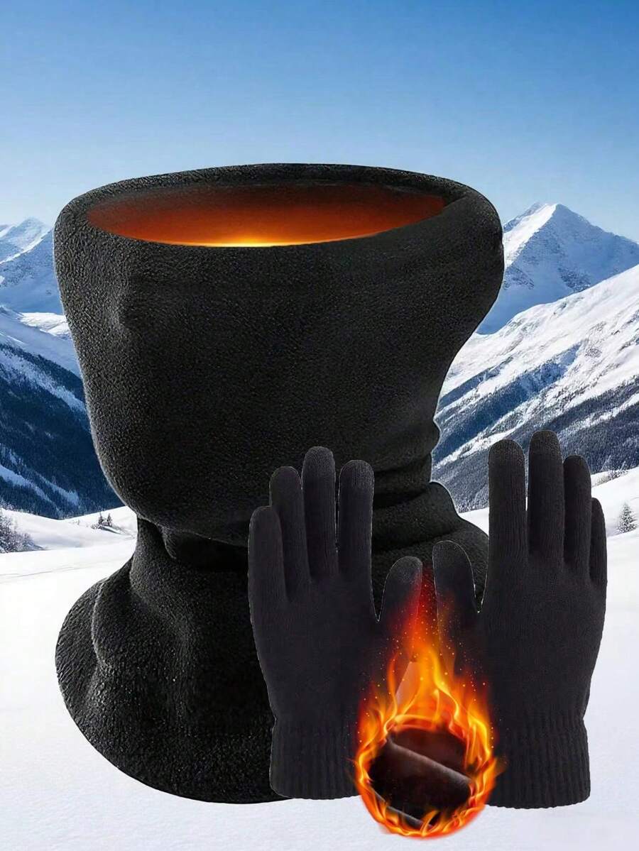 2pcs/Set Outdoor Warm Fleece Neck Gaiter + Gloves, Windproof Ski Face Mask, Men Sherpa Lined Neck Warmer And Gloves Set, Autumn/Winter