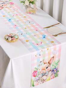 1 pieza Camino de mesa de Pascua colorido, decorado con tulipanes y mariposas de Pascua, estampado a cuadros, 35*180cm de poliéster en estilo granja, decoración del hogar de Pascua 2026, decoración de mesa de cocina y comedor, decoración festiva de primavera - Multicolor - Ver 3