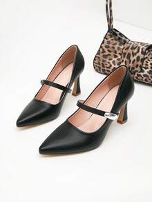 Women's Black Pointed Toe Mary Jane Pumps - Metal Buckle Strap Thin Heel High Heels Elegant Retro Slip-On Shoes For Daily/Office/Dating