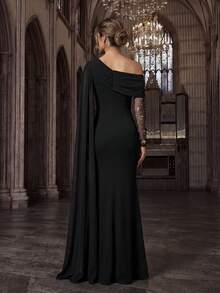 优雅奢华水钻派对正式礼服，水钻热钻鸡尾酒晚宴晚礼服，纯色不对称领长袖长款连衣裙，适合婚礼、黑色春季穿着。 - 黑色 - 查看 2