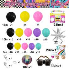 Zestaw 111 łuków balonowych w stylu disco, wypełniony urokiem lat 80. i 90. Zestaw zawiera radio, rolki, okulary przeciwsłoneczne, parkiet disco oraz balony foliowe w kształcie gwiazdek, a także balony lateksowe w kolorze czarnym, niebieskim, żółtym, różowym i fioletowym. Idealny na przyjęcia urodzinowe, imprezy w stylu lat 80. i 90., bale maturalne, dekoracje imprezowe i imprezy w stylu disco. - Wielokolorowe - Zobacz 3