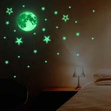 Glow In The Dark Moon And Stars Wall Stickers: Self-Adhesive PVC Decals For Children's Room Decoration. - Mint Green - View 4