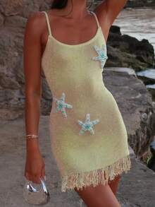 Women Knitted Mini Cami Dress Slim Beaded Starfish Scoop Neck Spaghetti Strap Tassel Hem Bodycon Dress For Daily Travel - Màu vàng - Xem 1
