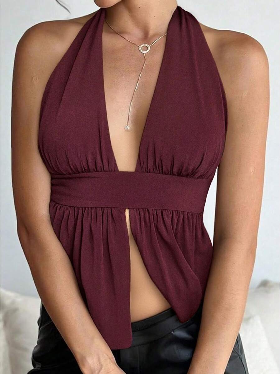 Womens Open Back Halter Tops Summer Fashionable Solid Color Split Front Going Out Vest - Purple - View 1