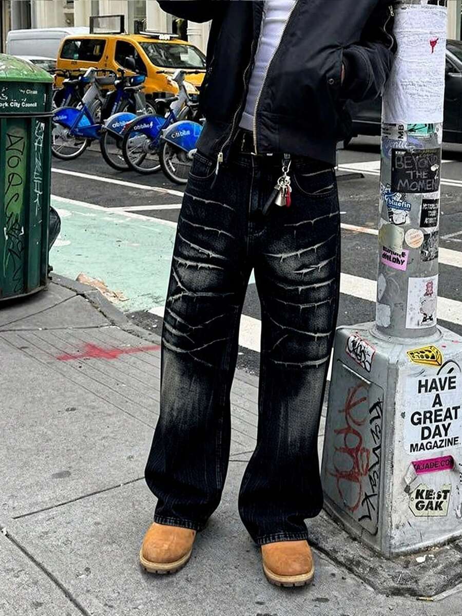 四季皆宜的男士宽松直筒黑色牛仔裤，闪电划痕做旧水洗效果，时尚休闲宽松复古阔腿牛仔裤，适合作为送给丈夫或男友的礼物 - 黑色 - 查看 1