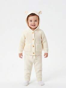 Baby Autumn/Winter Solid Color Cute Hat, Creative Pocket Knit Cardigan Jacket, Paired With White Bow Waist Casual Pants, Soft And Warm, Suitable For Outings And Gatherings