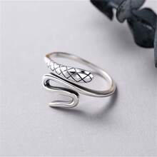 Anillo de diseño geométrico de animal, anillo simple para mujeres, anillo abierto ajustable de serpiente envuelta - Plata tailandesa vintage envejecida - Ver 5