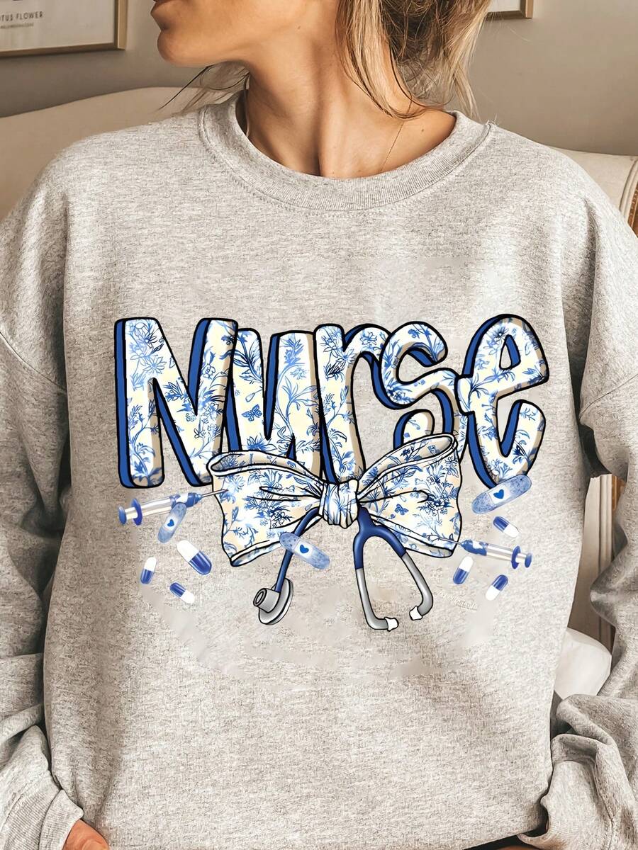 2026 Long Sleeve Tops Women Ladies Round Neck Nurse Bow Sweatshirt Printed Sweatshirt, Long Sleeve Soft Fashion Casual Pullover, Machine Washable, Medium Elasticity, Comfortable Loose Fit Sweater Loose And Comfortable Winter Clothes For Women Plus Size Women Clothes - 深空灰 - 查看 1