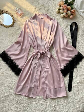 SOFUSEN Sexy Robe, Romantic Sleepwear, Women's Long Sleeve Satin Loungewear, Elegant Luxurious Romantic, Patchwork Open Front Design, Comfortable For All Seasons, Suitable For Parties And Home Wear, Carefully Selected Gift, Brings Sweet Nights For Couples. Recommended Gift Of The Day